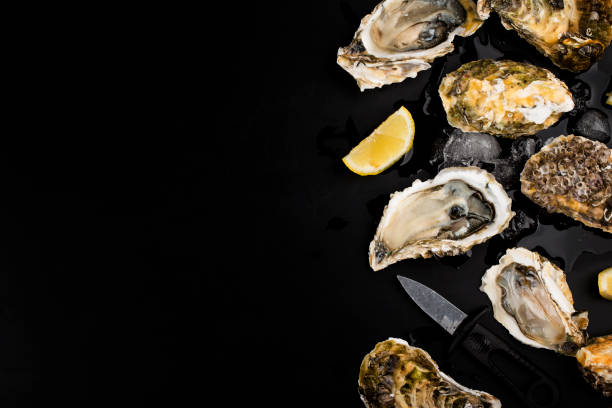 istock Opened oysters, ice and lemon on a black background. 1257236728