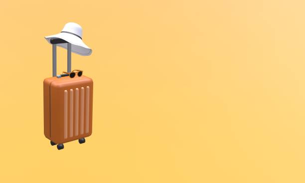 istock Orange suitcase with hat and sunglasses on orange background 1257236913