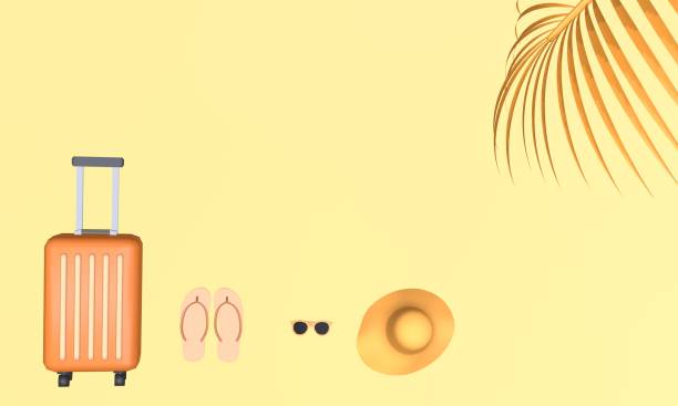 istock Orange suitcase with hat, sunglasses and slipper with palm tree leaf on yellow background 1257236919