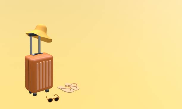 istock Orange suitcase with hat, sunglasses and slipper on orange background 1257237508