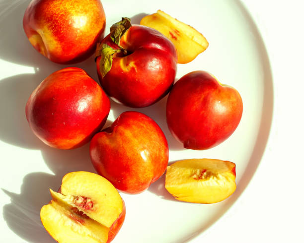 frutas de nectarina orgânica maduras vermelhas na placa branca no fundo da natureza. conceito de alimentação saudável no verão. antioxidante de frutas. foco seletivo. vista superior - zeaxanthin - fotografias e filmes do acervo