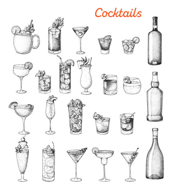 알코올 칵테일 손으로 그린 벡터 일러스트레이션. 스케치 집합입니다. 코냑, 브랜디, 보드카, 데킬라, 위스키, 샴페인, 와인, 마가리타 칵테일. 병과 유리. - alcohol stock illustrations