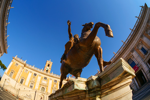 Rome, Italy, July 15 -- A view of the bronze copy of the equestrian statue of Emperor Marcus Aurelius, located in the center of Piazza del Campidoglio (Roman Capitol Square) in the heart of Rome, designed by Michelangelo Buonarroti. The original statue is kept inside the Capitoline Museums, a few meters away. Image in High Definition format.