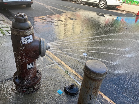 The images were taken in the Bushwick, Bedford–Stuyvesant and Williamsburg neighborhoods of Brooklyn, New York. All photographs were taken between July 10th and July 15th of 2020. The images feature fire hydrants that have been opened and are spraying water during the summer months. This practice has been occurring in New York City street for over 100 years. \n\nNew York City, NY – July 10, 2020: Open fire hydrant spraying streets in Brooklyn.