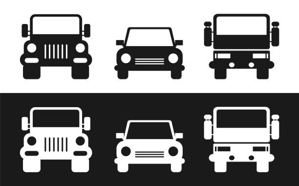 ilustraciones, imágenes clip art, dibujos animados e iconos de stock de conjunto de iconos de coche: coche de pasajeros, camión, jeep. vista frontal - 4x4