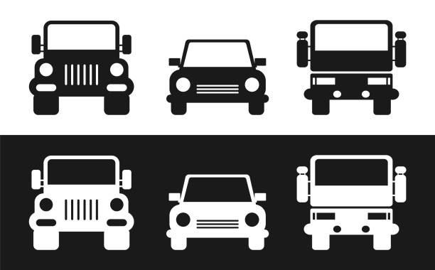 zestaw ikon samochodów: samochód osobowy, ciężarówka, jeep. widok z przodu - 4x4 stock illustrations