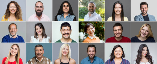 kopfschuss-porträts von diversen lächelnde menschen - portrait digital composite collage group of people stock-fotos und bilder