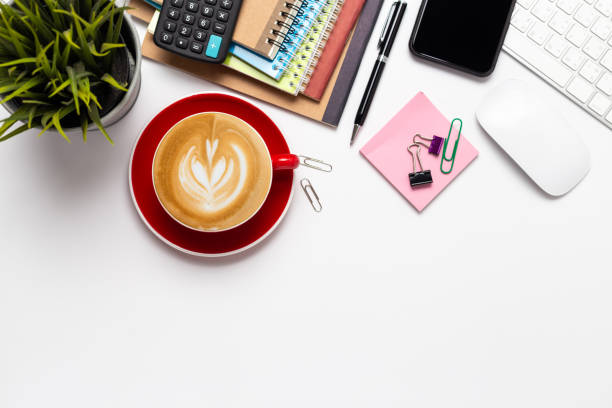 istock Top View Work space, office desk with computer,smartphone and office supplies with copy space 1257240633
