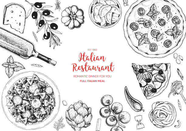 Italian cuisine top view frame. A set of Italian dishes with pasta and pizza. Food menu design template. Vintage hand drawn sketch vector illustration. Engraved image Italian cuisine top view frame. A set of Italian dishes with pasta and pizza. Food menu design template. Vintage hand drawn sketch vector illustration. Engraved image penne meatballs stock illustrations