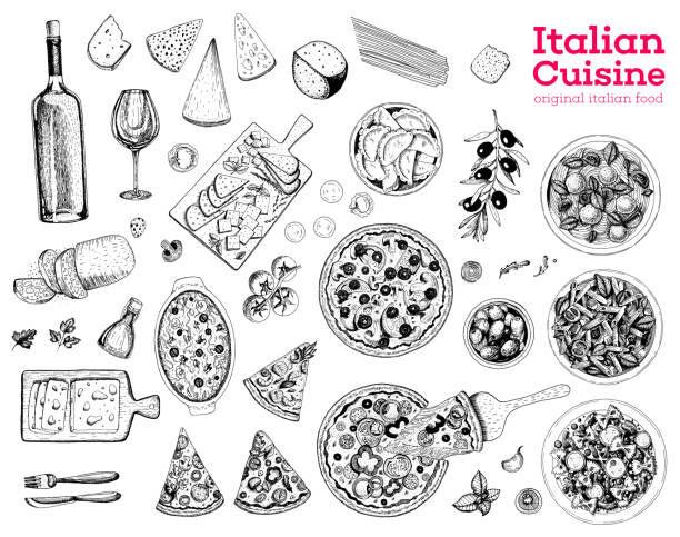 Italian food sketch. Set of Italian dishes with pasta, pizza, ravioli and ingredients. Food menu design template. Italian cuisine. Vintage hand drawn sketch vector illustration. Engraved image Italian food sketch. Set of Italian dishes with pasta, pizza, ravioli and ingredients. Food menu design template. Italian cuisine. Vintage hand drawn sketch vector illustration. Engraved image penne meatballs stock illustrations