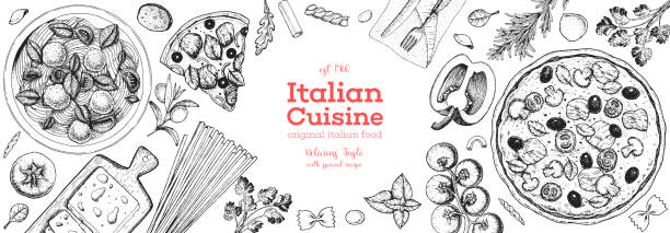 Italian cuisine top view frame. A set of Italian dishes with pasta and pizza. Food menu design template. Vintage hand drawn sketch vector illustration. Engraved image Italian cuisine top view frame. A set of Italian dishes with pasta and pizza. Food menu design template. Vintage hand drawn sketch vector illustration. Engraved image penne meatballs stock illustrations