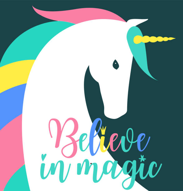 istock Believe in magic fantasy Illustration. Colored unicorn silhouette, cloud and inspiration, encourage, motivation quotes. Miracle time lettering. Template for cards. 1257241893