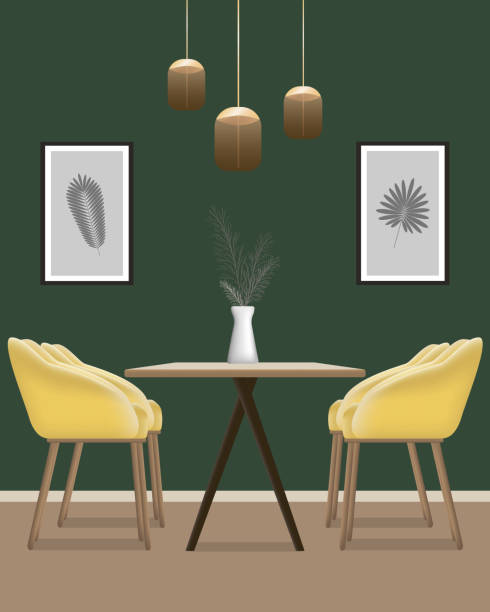 ilustrações, clipart, desenhos animados e ícones de interior de uma moderna sala de jantar confortável. ilustração vetorial de uma mesa e cadeiras amarelas - chandelier residential structure living room sofa