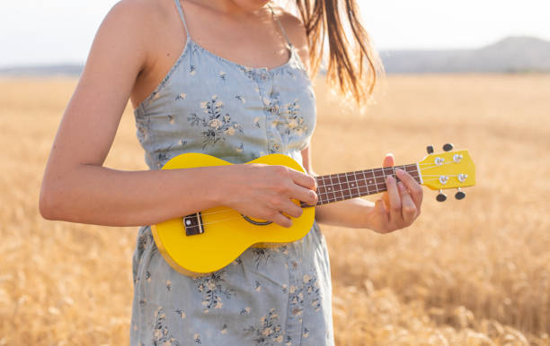 Beautiful young girl in the field practicing music