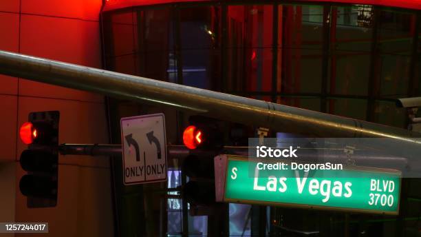 Fabulos Las Vegas Traffic Sign Glowing On The Strip In Sin City Of Usa Iconic Signboard On The Road To Fremont Street In Nevada Illuminated Symbol Of Casino Money Playing And Bets In Gaming Area Stock Photo - Download Image Now