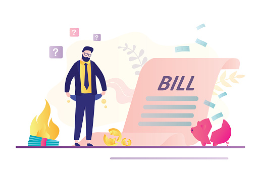 Bankrupt with empty pockets and big bill. Frustrated businessman worry for loan, mortgage and financial bills. Financial crisis concept. Bankruptcy and economic problems. Flat vector illustration