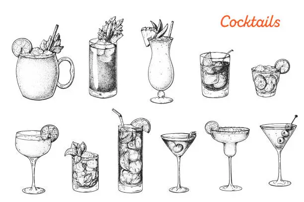 Vector illustration of Alcoholic cocktails hand drawn vector illustration. Sketch set. Moscow mule, bloody mary, pina colada, old fashioned, caipiroska, daiquiri, mint julep, long island iced tea, manhattan, margarita.