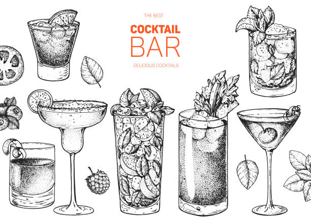 Alcoholic cocktails hand drawn vector illustration. Cocktails sketch set. Engraved style. Negroni, margarita, mojito, bloody mary, manhattan, mint julep. Alcoholic cocktails hand drawn vector illustration. Cocktails sketch set. Engraved style. Negroni, margarita, mojito, bloody mary, manhattan, mint julep. margarita illustrations stock illustrations