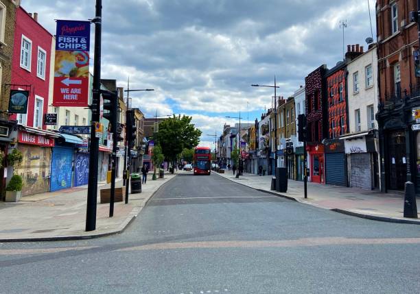 Empty Camden Town during lockdown 2020, London London, United Kingdom - May 14 2020: Deserted street in Camden Town during lockdown regents canal stock pictures, royalty-free photos & images