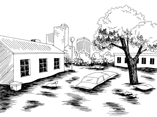 Flood Graphic Black White Landscape City Sketch Illustration Vector Stock  Illustration - Download Image Now - iStock