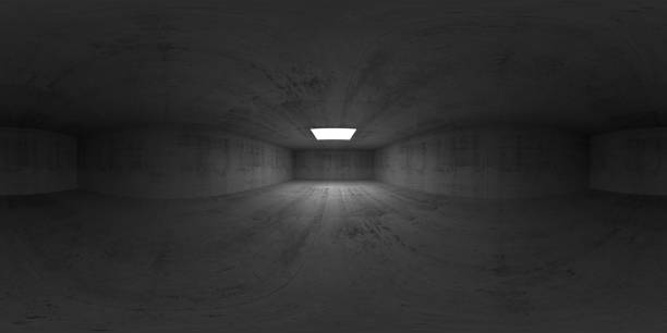 360 degree panorama, empty concrete room 360 degree spherical vr panorama, HDRI seamless environment map of a symmetric empty dark concrete room interior with white square light window in ceiling, 3d rendering illustration high dynamic range imaging stock pictures, royalty-free photos & images