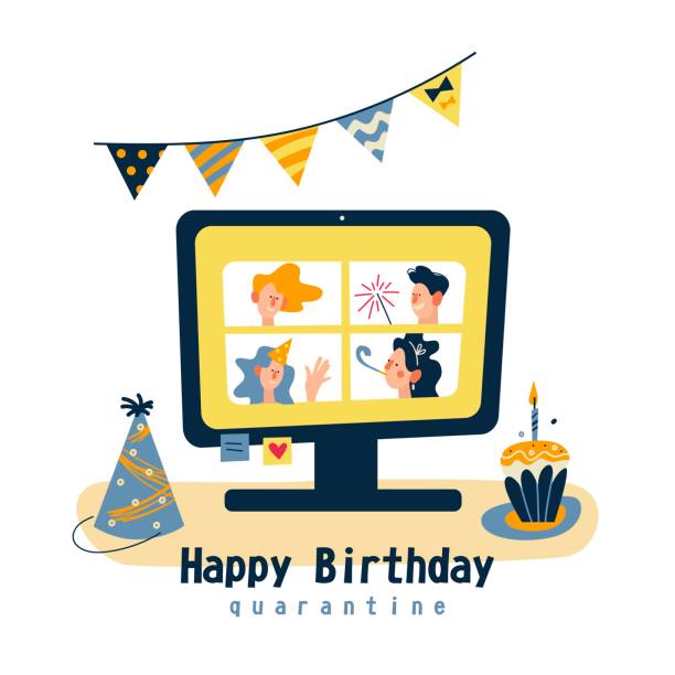 Quarantine Happy birthday quarantine, online party. Self isolation. Quarantine. Friends. Color vector illustration on white background. virtual birthday celebration stock illustrations