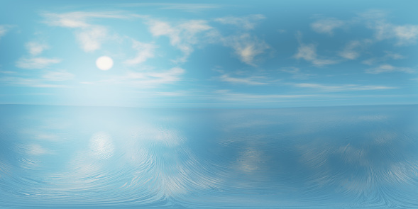 8K: cielo azul con algunas nubes y un sol brillante que se refleja en aguas tranquilas (360 grados HDRI mapa renderizado para el entorno de fondo de la naturaleza esférica y panorama equirectangular 3d) photo