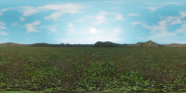 istock 8K HDRI map, landscape with vegetation and mountain range with a sunny sky (360 degree nature illustration, spherical background environment, 3d equirectangular panorama) 1257250259