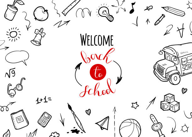 Back to school Background. Banner with texture from line art icons of education, science objects and office supplies on the white background. Typography design, logo. vector art illustration