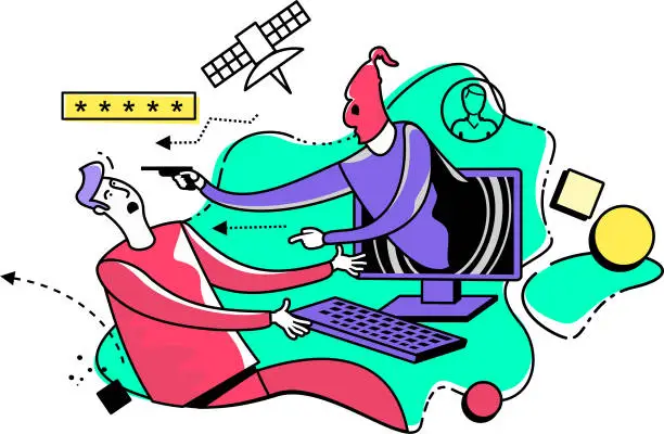 Vector illustration of Flat illustration design for presentation, web, landing page, infographics: cartoon characters man at the computer and hacker ransomware.