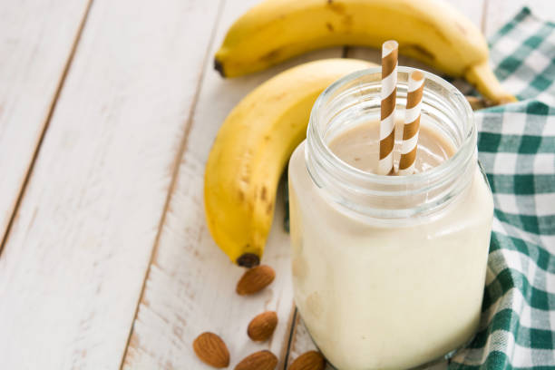 istock Banana smoothie with almond in jar 1257251844