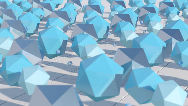 istock Blue glass, metallic, plastic polyhedrons morphing. Abstract illustration, 3d render. 1257256166