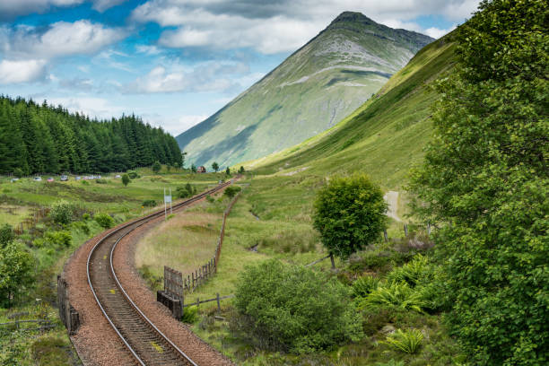 Along the West highland Way in Scotland. a view of the Milngavie - Fort William railway line and of Beinn Dorain mountain fort william stock pictures, royalty-free photos & images
