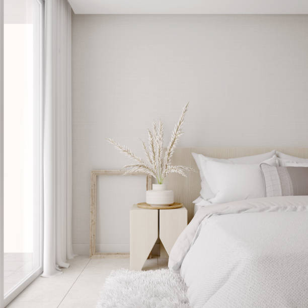 White bedroom interior.Earth tones design.3d rendering