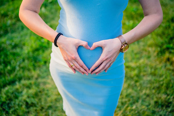 Pregnancy, expectation of a couple of child. Future parents with hands in the form of heart. The man put his hand on the woman's tummy.