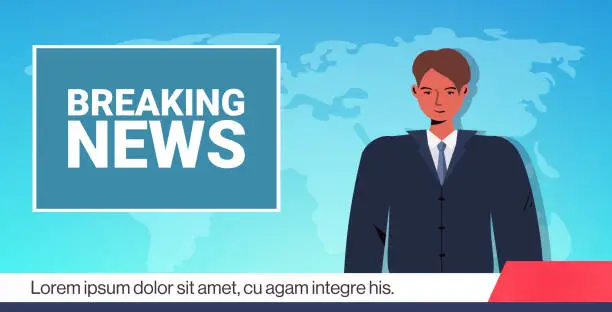 Vector illustration of anchorman broadcasting daily breaking news on tv media journalism press concept horizontal