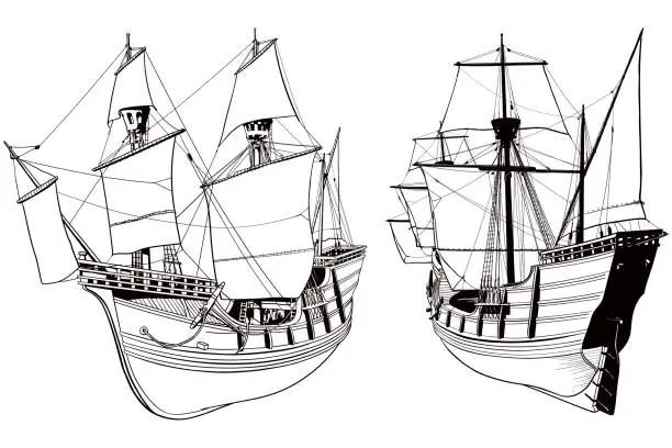 Vector illustration of Vector drawing of old medieval sailing ship