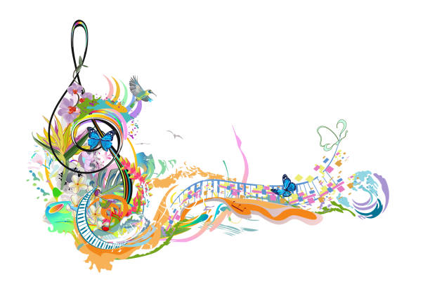 ilustrações de stock, clip art, desenhos animados e ícones de abstract musical design with a treble clef and sights. - guitar illustration and painting abstract pattern