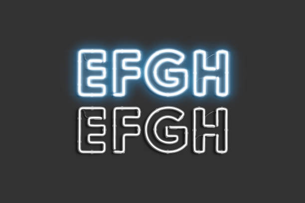 Decorative E F G H letters, neon font mockup, 3d rendering. Empty glowing doide figure for headline or signboard. Clear creative lettering for night led sign mokcup template.