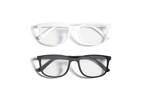 Blank black and white eye glasses mockup set, top view, 3d rendering. Empty protection spectacles with plastic frame mock up, isolated. Clear vision goggles for medical old mokcup template.