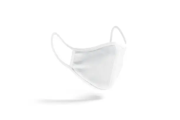Blank white fabric face mask mockup, side view, no graity, depth of field, 3d rendering. Empty protection textile respiratory mock up, isolated. Clear reusable cover for safety mokcup template.