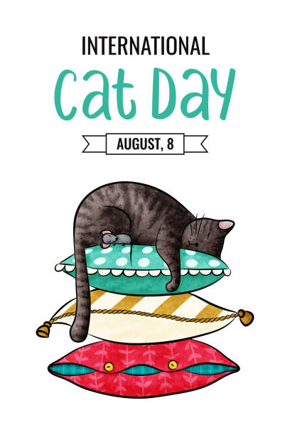 Postcard for the international cat day on August 8. Funny cartoon cat and little mouse are sleeping on a pile of colored pillow. Happy animals Print to greeting card, poster, flyer Cat Day. August 8 rodent bedding stock illustrations