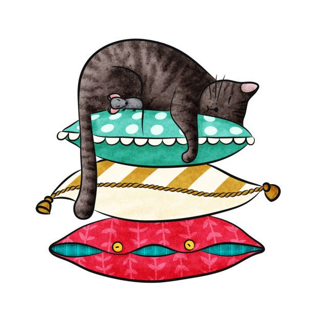 Funny cartoon cat and mouse sleeping on a pile of colored pillows. Happy animals print on greeting card, poster, banner, t-shirt. Vector stock illustration isolated on a white background Cat on pillows rodent bedding stock illustrations