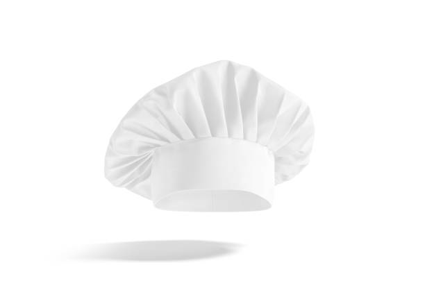 Blank white toque chef hat mockup, no gravity Blank white toque chef hat mockup, no gravity, 3d rendering. Empty professional french chief cap uniform mock up, isolated. Clear fabric headwear for restaurant cooker mokcup template. toque stock pictures, royalty-free photos & images