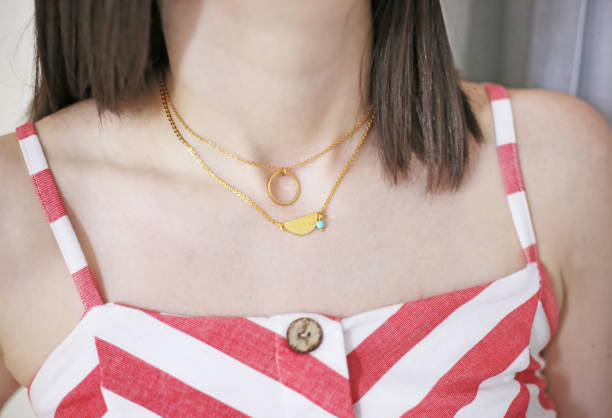 istock woman wearing delicate gold necklaces 1257271032