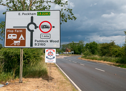 A sign towards the visitor attraction Hop Farm in Kent, England, with East Peckham and Paddock Wood directions.
