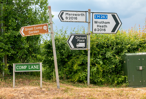 A road sign towards Great Comp Garden in St Mary's Platt, England, with other signs towards Mereworth, Orchard Place and Wrotham Heath.