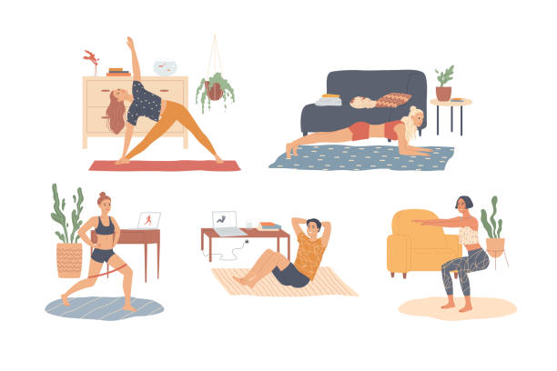 ilustrações de stock, clip art, desenhos animados e ícones de people at home are exercising. workout, training - exercício de relaxamento ilustrações