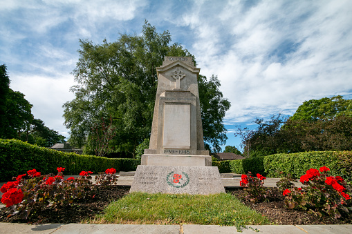 Pembury War Memorial in Kent near Royal Tunbridge Wells, England. Identifiable names are visible on the face of the memorial