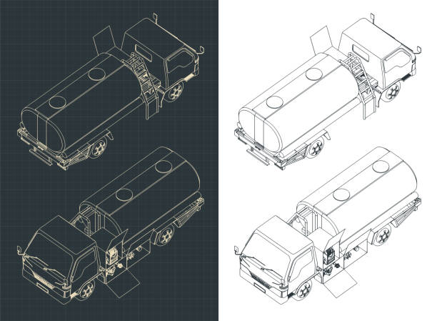 izometryczne rysunki airport fuel truck - fuel tanker truck storage tank isometric stock illustrations